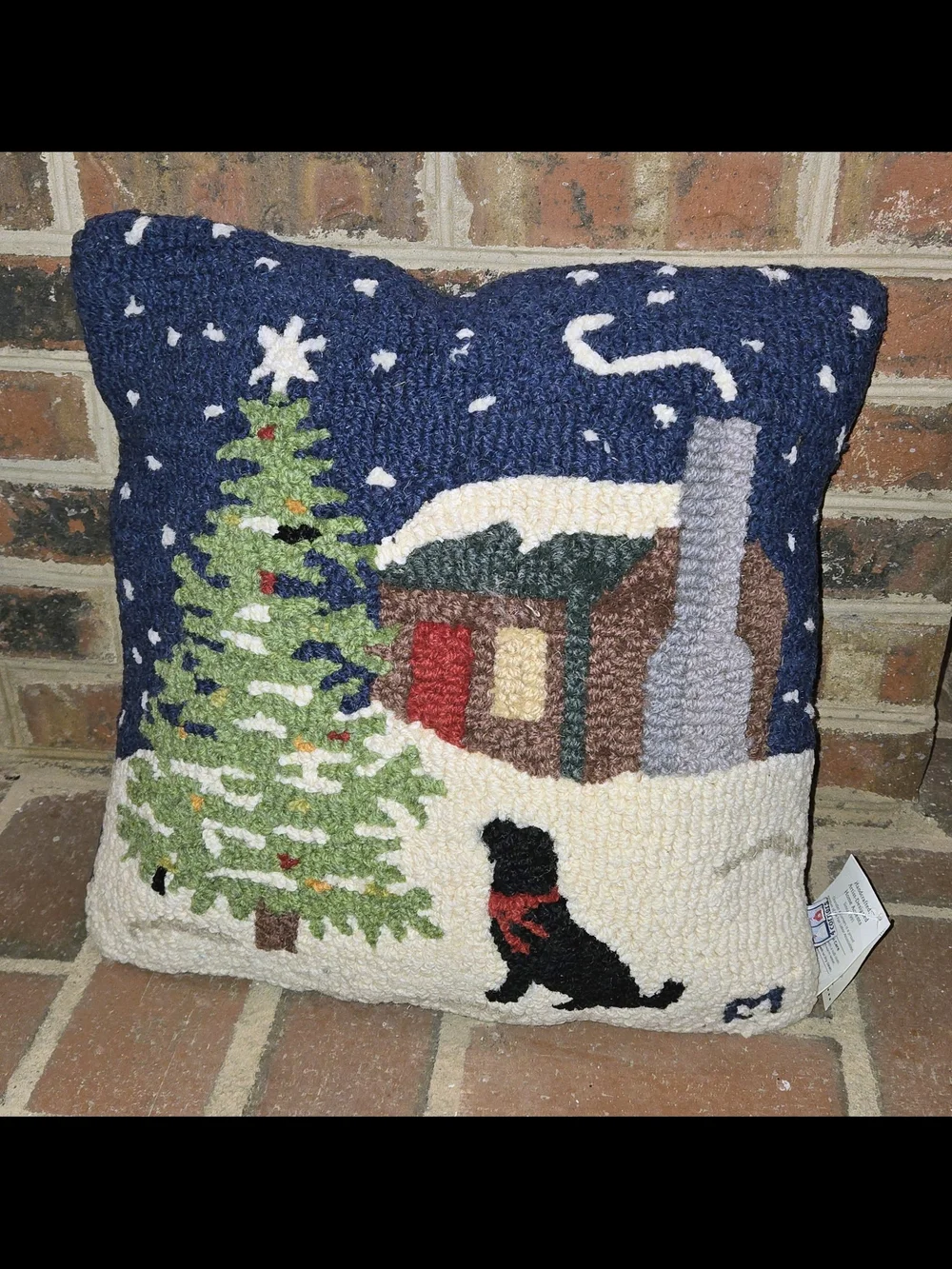 Garnet Hill Chandler 4 Corners Navy Hooked Pillow with Cabin, Tree & Black Dog